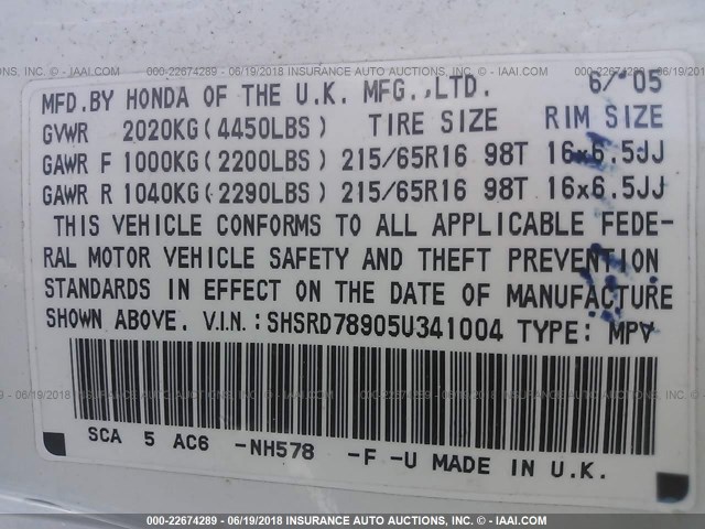 SHSRD78905U341004 - 2005 HONDA CR-V SE/EX WHITE photo 9