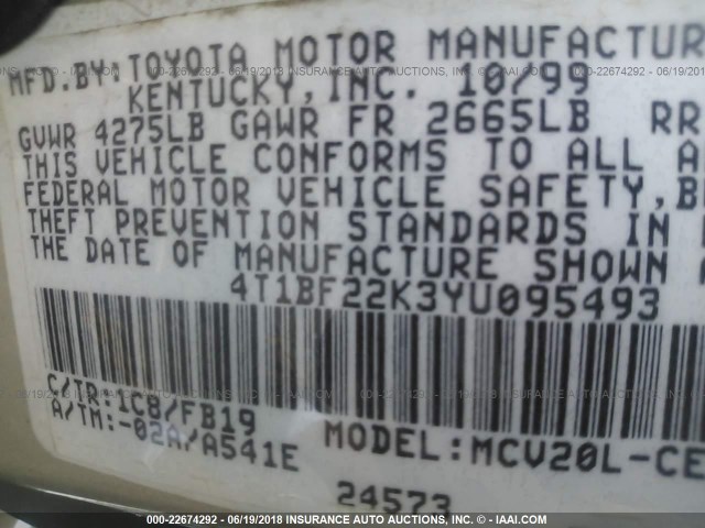 4T1BF22K3YU095493 - 2000 TOYOTA CAMRY LE/XLE SILVER photo 9