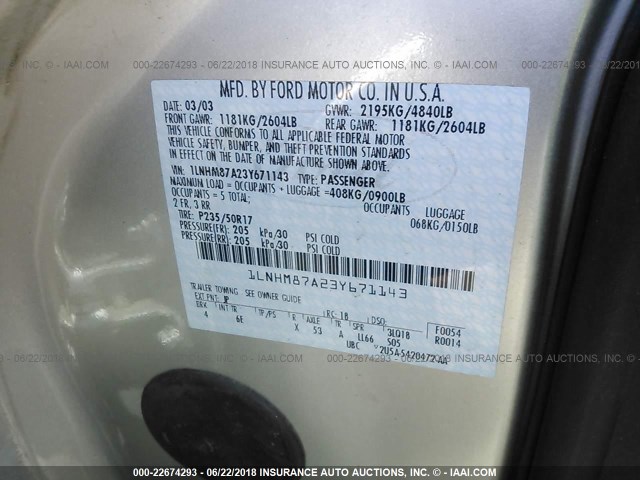 1LNHM87A23Y671143 - 2003 LINCOLN LS ვერცხლისფერი ფოტო 9