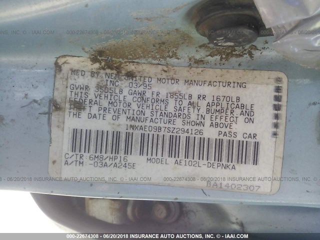 1NXAE09B7SZ294126 - 1995 TOYOTA COROLLA LE/DX 蓝色 照片 9