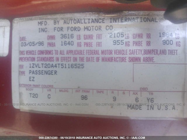 1ZVLT20A4T5116525 - 1996 FORD PROBE SE RED photo 9