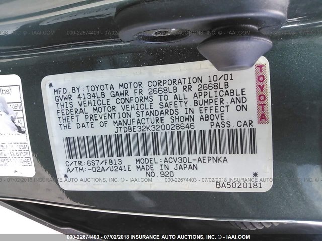 JTDBE32K320028646 - 2002 TOYOTA CAMRY LE/XLE/SE მწვანე ფოტო 9