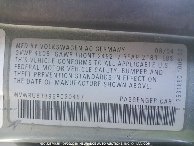 WVWRU63B95P020497 - 2005 VOLKSWAGEN PASSAT GLX 绿色 照片 9