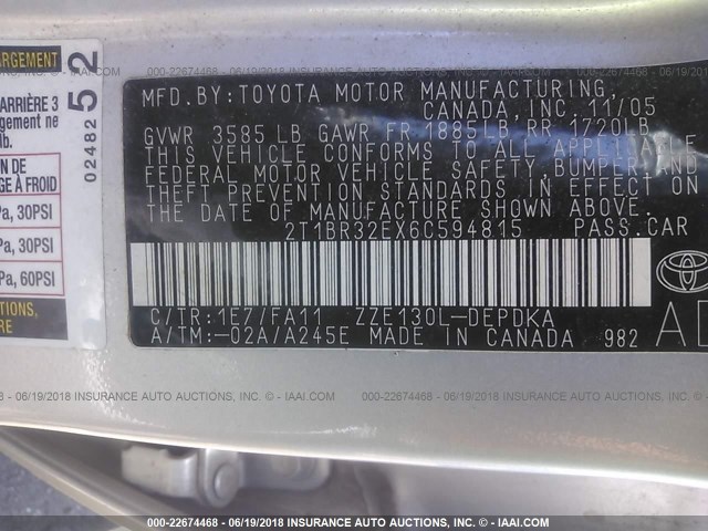 2T1BR32EX6C594815 - 2006 TOYOTA COROLLA CE/LE/S SILVER photo 9