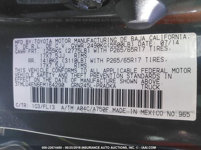 3TMLU4EN6EM164290 - 2014 TOYOTA TACOMA DOUBLE CAB ნაცრისფერი ფოტო 9