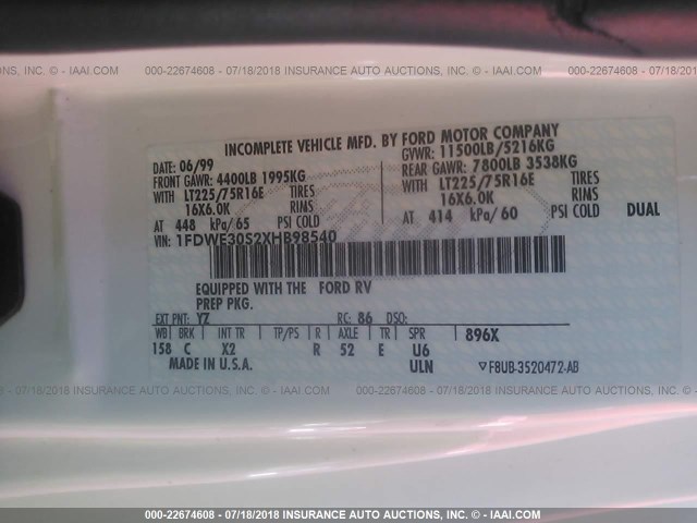 1FDWE30S2XHB98540 - 1999 FORD ECONOLINE E350 SUPER DUTY CTWY V RV 白色 照片 9