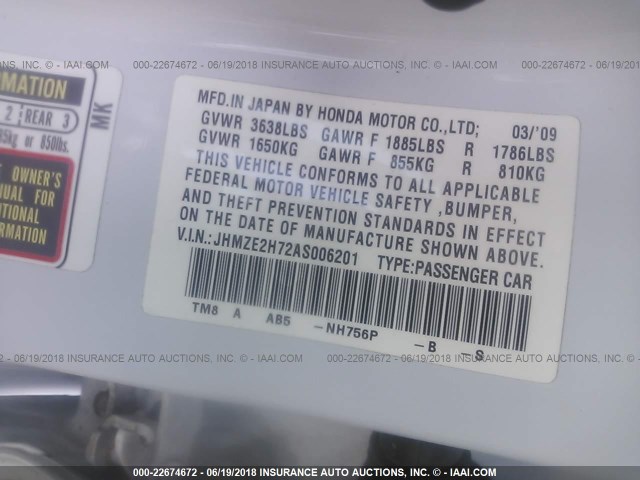 JHMZE2H72AS006201 - 2010 HONDA INSIGHT EX WHITE photo 9