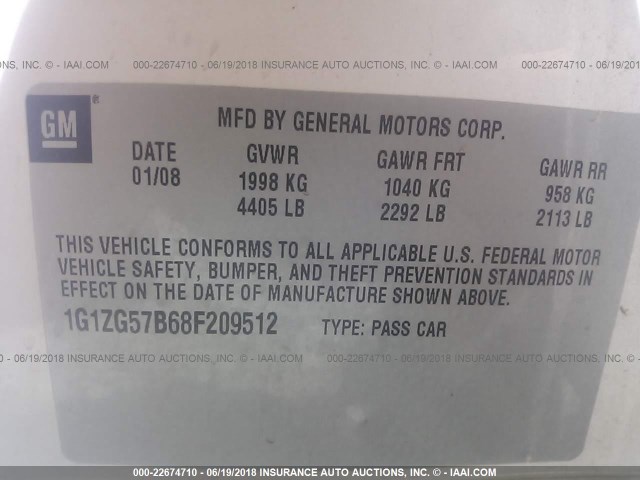 1G1ZG57B68F209512 - 2008 CHEVROLET MALIBU LS WHITE photo 9