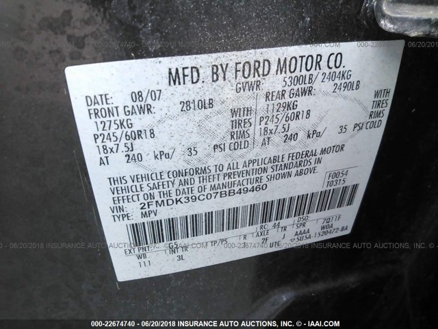 2FMDK39C07BB49460 - 2007 FORD EDGE SEL PLUS BLACK photo 9