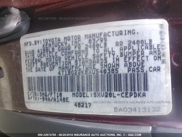 4T1BG22K8XU540385 - 1999 TOYOTA CAMRY CE/LE/XLE RED photo 9