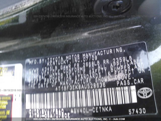 4T1BF3EK8AU528636 - 2010 TOYOTA CAMRY SE/LE/XLE მწვანე ფოტო 9