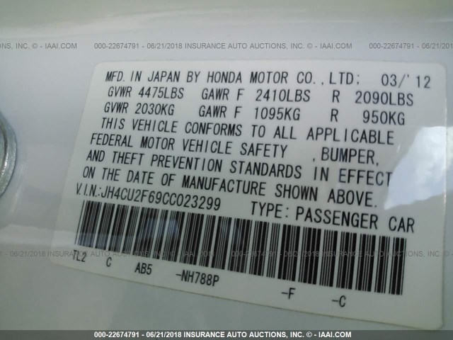 JH4CU2F69CC023299 - 2012 ACURA TSX TECH WHITE photo 9