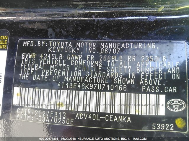 4T1BE46K97U710166 - 2007 TOYOTA CAMRY NEW GENERAT CE/LE/XLE/SE BLACK photo 9
