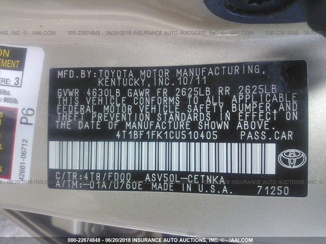 4T1BF1FK1CU510405 - 2012 TOYOTA CAMRY SE/LE/XLE 金色 照片 9