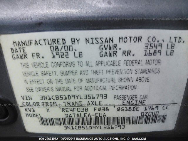 3N1CB51D9YL356793 - 2000 NISSAN SENTRA XE/GXE GRAY photo 9