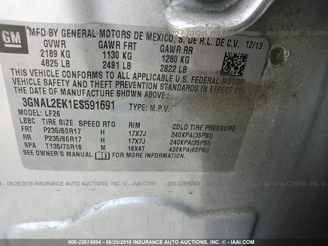 3GNAL2EK1ES591691 - 2014 CHEVROLET CAPTIVA LS 银色 照片 9