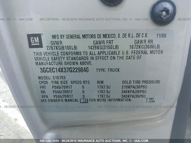 3GCEC14X37G229840 - 2007 CHEVROLET SILVERADO C1500 CLASSIC SILVER photo 9