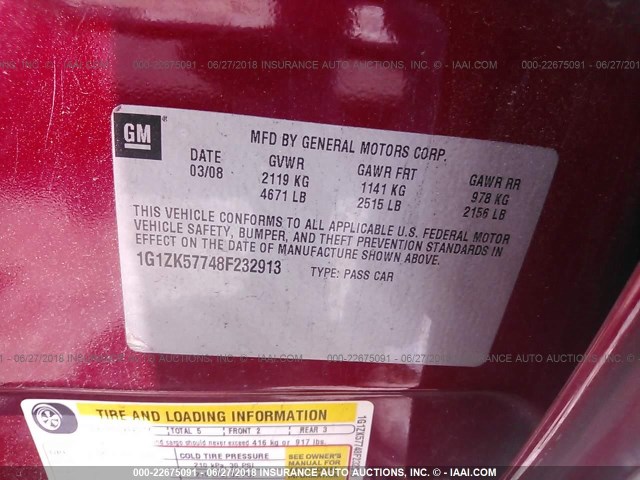 1G1ZK57748F232913 - 2008 CHEVROLET MALIBU LTZ RED photo 9