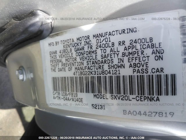 4T1BG22K31U804121 - 2001 TOYOTA CAMRY CE/LE/XLE 银色 照片 9