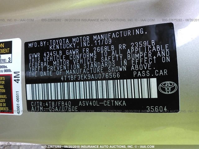 4T1BF3EK9AU076566 - 2010 TOYOTA CAMRY SE/LE/XLE GOLD photo 9