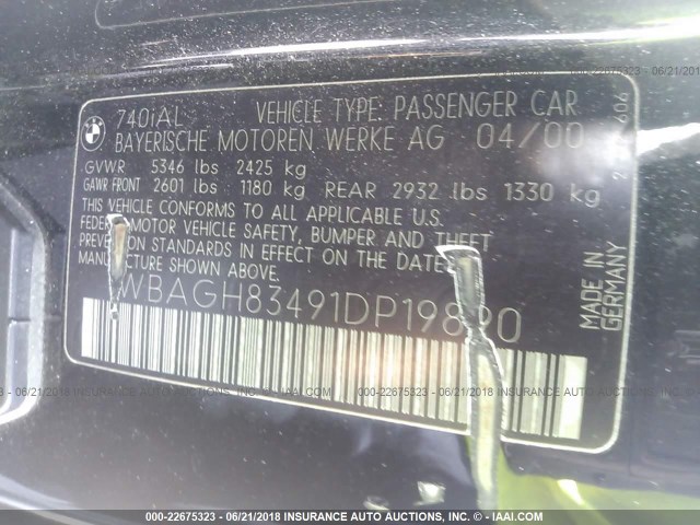 WBAGH83491DP19890 - 2001 BMW 740 IL BLACK photo 9