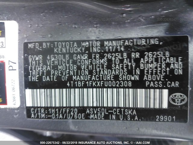 4T1BF1FKXFU002308 - 2015 TOYOTA CAMRY LE/XLE/SE/XSE GRAY photo 9