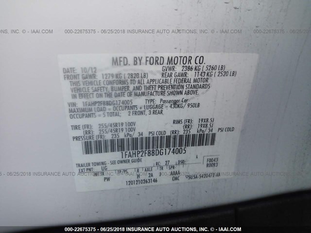 1FAHP2F88DG174005 - 2013 FORD TAURUS LIMITED WHITE photo 9