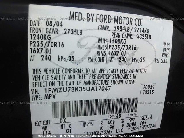 1FMZU73K35UA17047 - 2005 FORD EXPLORER XLT/XLT SPORT/NBX 蓝色 照片 9