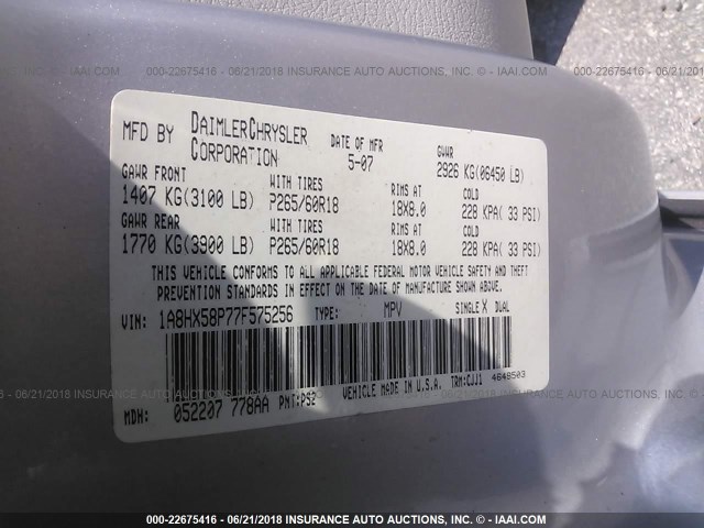 1A8HX58P77F575256 - 2007 CHRYSLER ASPEN LIMITED SILVER photo 9