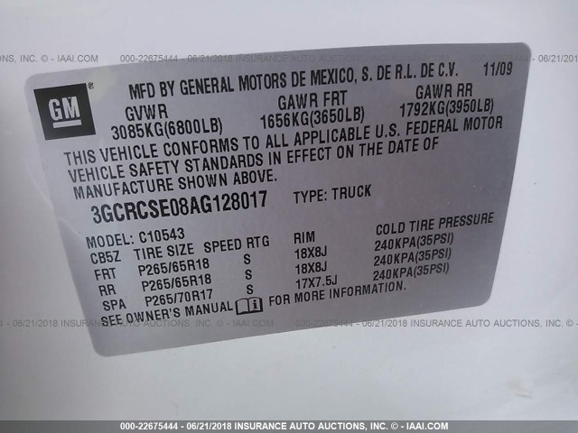 3GCRCSE08AG128017 - 2010 CHEVROLET SILVERADO C1500 LT WHITE photo 9