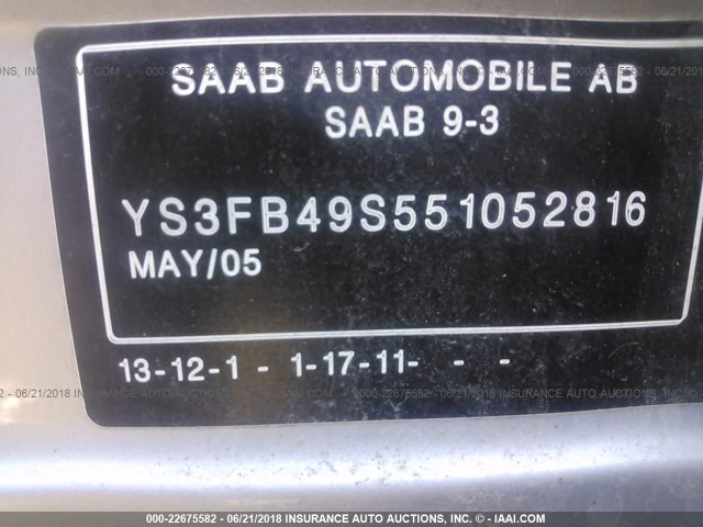 YS3FB49S551052816 - 2005 SAAB 9-3 LINEAR SILVER photo 9