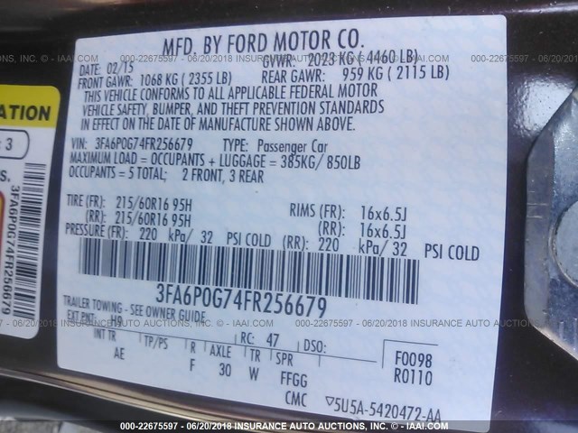 3FA6P0G74FR256679 - 2015 FORD FUSION S MAROON photo 9