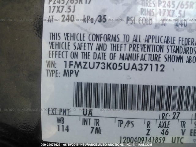 1FMZU73K05UA37112 - 2005 FORD EXPLORER XLT/XLT SPORT/NBX 黑色 照片 9