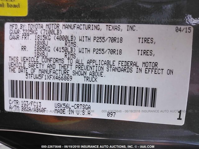 5TFUW5F1XFX466869 - 2015 TOYOTA TUNDRA DOUBLE CAB SR/SR5 GRAY photo 9