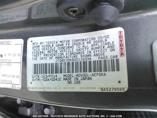 JTDBE32K820116334 - 2002 TOYOTA CAMRY LE/XLE/SE ნაცრისფერი ფოტო 9