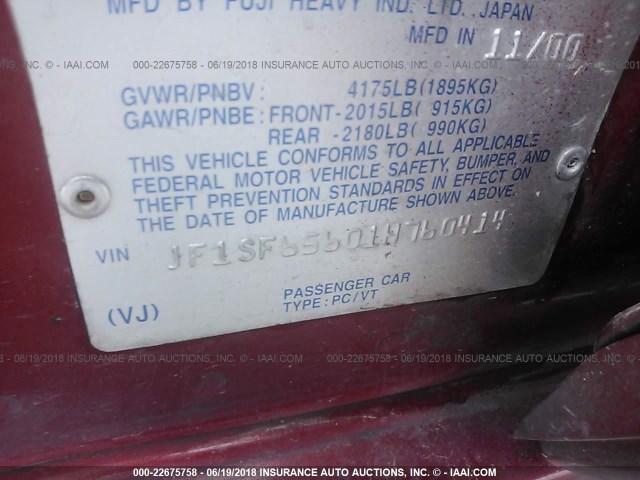JF1SF65601H760414 - 2001 SUBARU FORESTER S RED photo 9