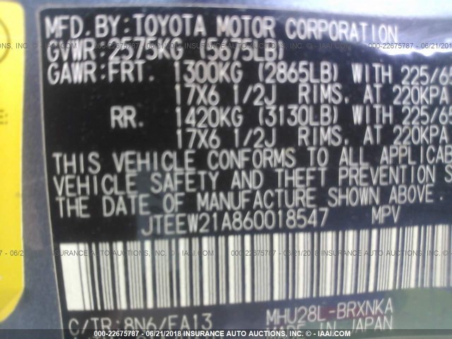 JTEEW21A860018547 - 2006 TOYOTA HIGHLANDER HYBRID BLUE photo 9