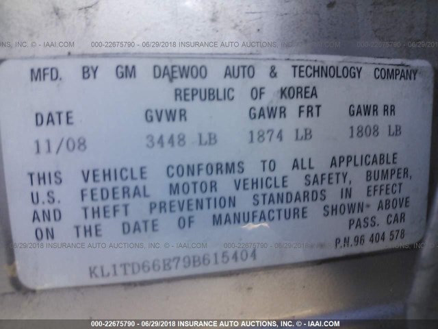 KL1TD66E79B615404 - 2009 CHEVROLET AVEO LS/LT 银色 照片 9