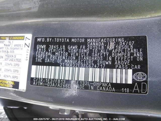 2T1KR32E37C674717 - 2007 TOYOTA COROLLA MATRIX XR GRAY photo 9