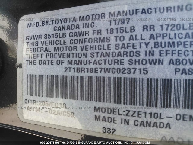 2T1BR18E7WC023715 - 1998 TOYOTA COROLLA VE/CE/LE 黑色 照片 9