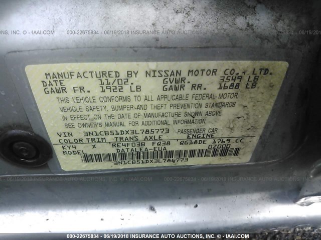 3N1CB51DX3L785773 - 2003 NISSAN SENTRA XE/GXE SILVER photo 9