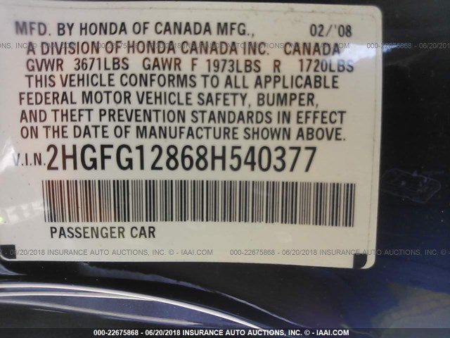 2HGFG12868H540377 - 2008 HONDA CIVIC EX BLACK photo 9