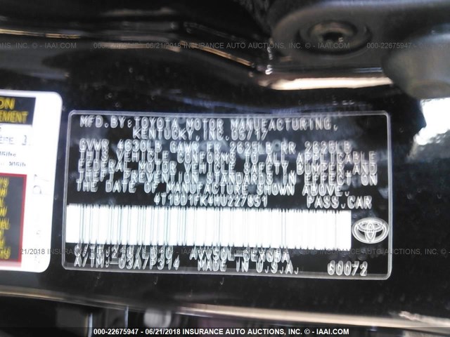 4T1BD1FK4HU227851 - 2017 TOYOTA CAMRY HYBRID/LE/XLE/SE BLACK photo 9