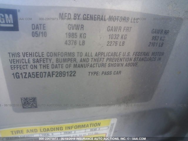 1G1ZA5E07AF289122 - 2010 CHEVROLET MALIBU LS SILVER photo 9