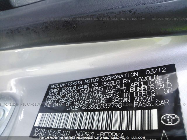 JTDBT4K35CL037790 - 2012 TOYOTA YARIS 银色 照片 9