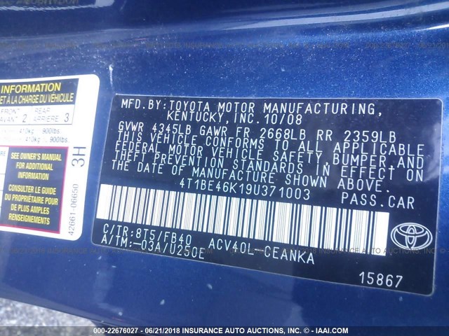 4T1BE46K19U371003 - 2009 TOYOTA CAMRY SE/LE/XLE 蓝色 照片 9