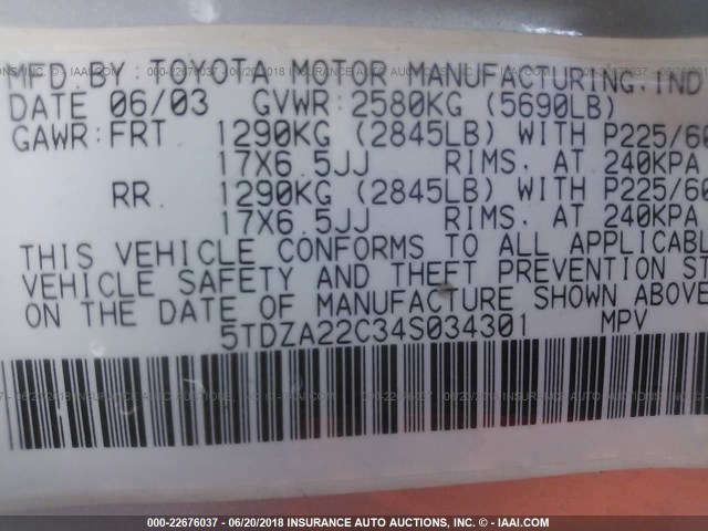 5TDZA22C34S034301 - 2004 TOYOTA SIENNA XLE/XLE LIMITED SILVER photo 9