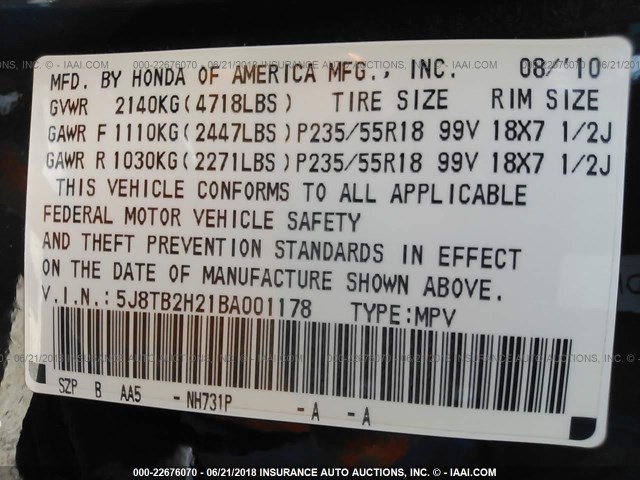 5J8TB2H21BA001178 - 2011 ACURA RDX BLACK photo 9