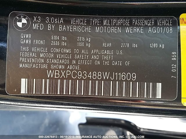 WBXPC93488WJ11609 - 2008 BMW X3 3.0SI BLACK photo 9