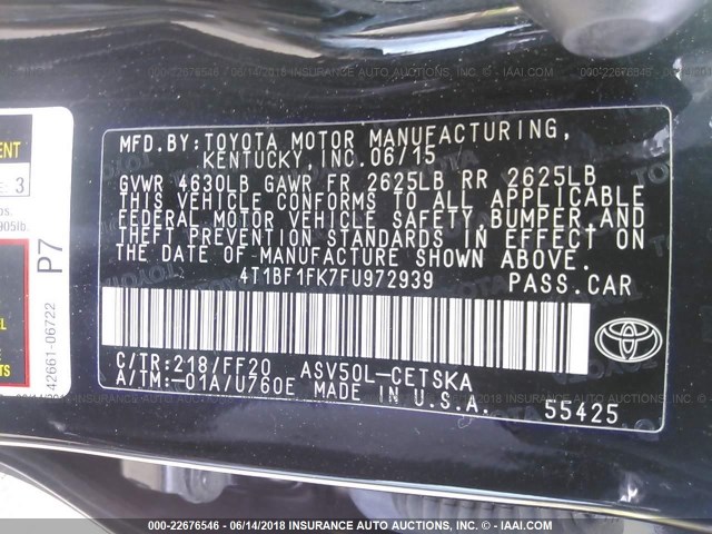 4T1BF1FK7FU972939 - 2015 TOYOTA CAMRY LE/XLE/SE/XSE BLACK photo 9